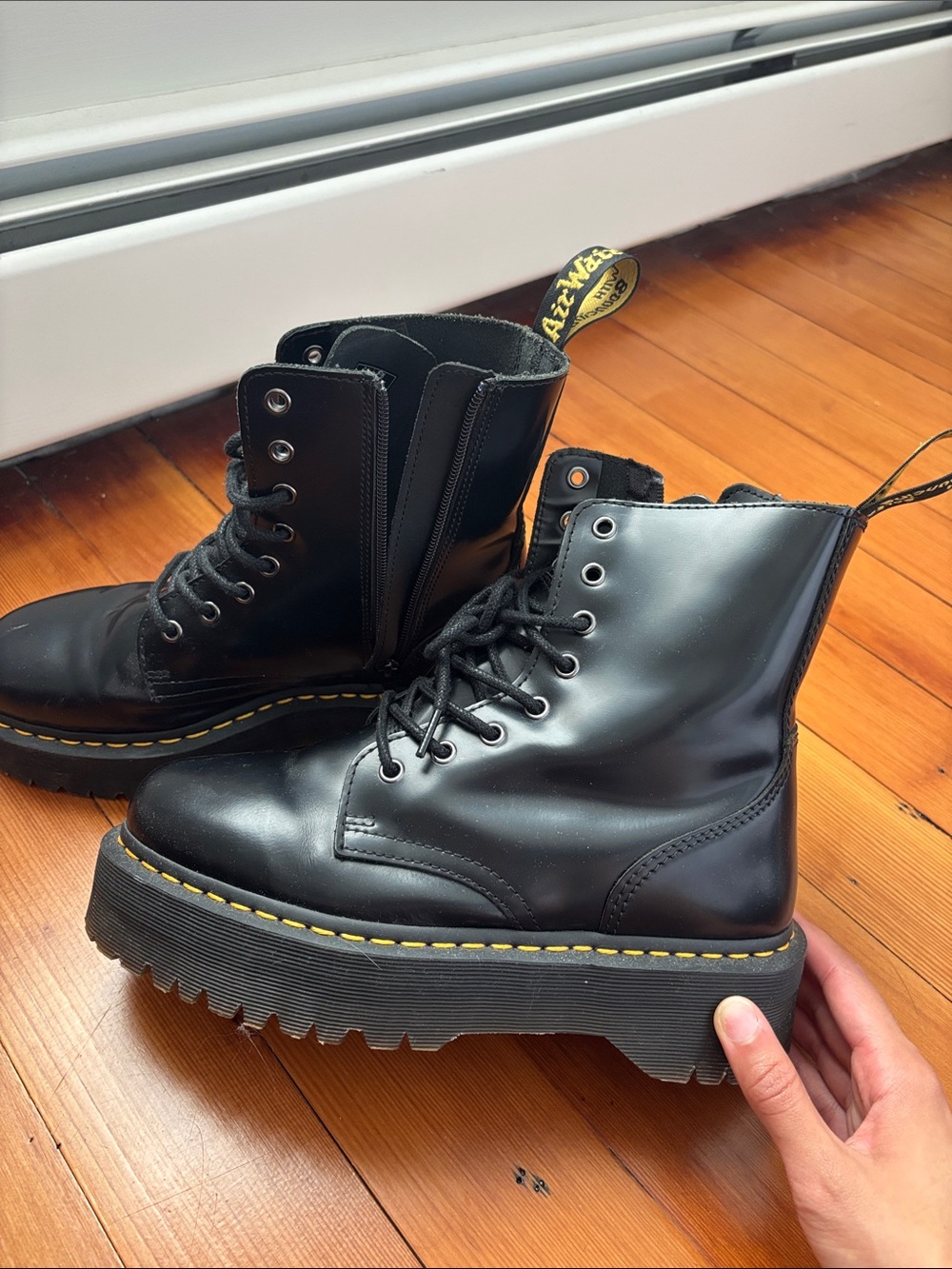 Dr. Martens Black Leather Platform Combat Boots with Yellow Stitching